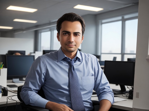 Portrait of serious business executive working at office desk