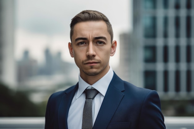 Portrait of a serious businessman in a suit with a modern city skyline in the background