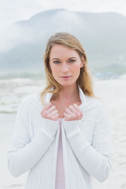 Portrait of a serious casual woman at beach