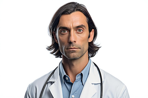 Portrait of a serious doctor with stethoscope on white background