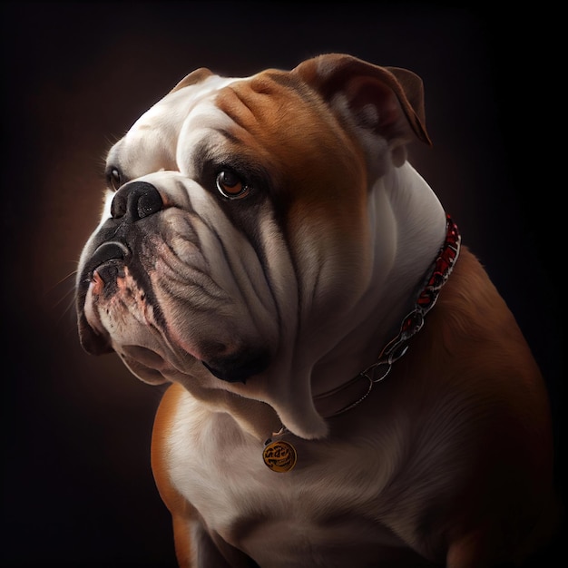 Portrait of a serious English bulldog dog against dark background made with Generative AI