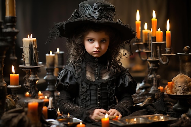 ハロウィーンの魔女に扮した深刻な女の子の肖像画背景にキャンドルが点灯