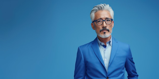 Portrait of a serious grey haired Asian middle aged businessman in a blue suit Photo with copy space on blue background