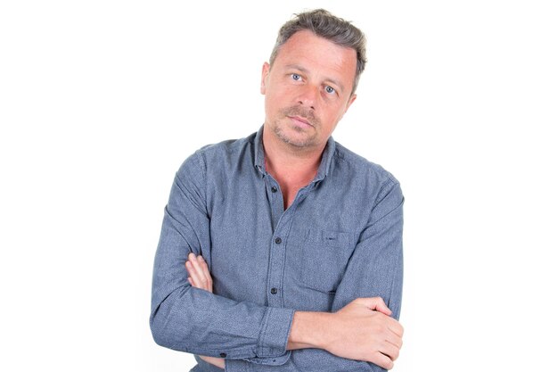 Portrait serious handsome man arms crossed over white background