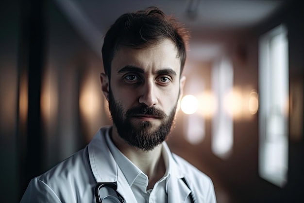 Portrait of a serious male doctor with stethoscope looking at camera Generative AI