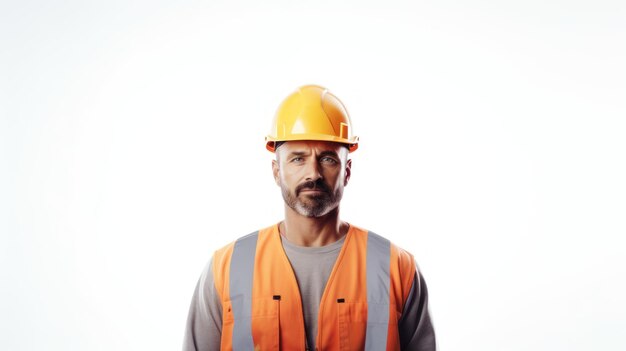 Portrait of a serious male worker in a construction helmet on a white background Generative AI