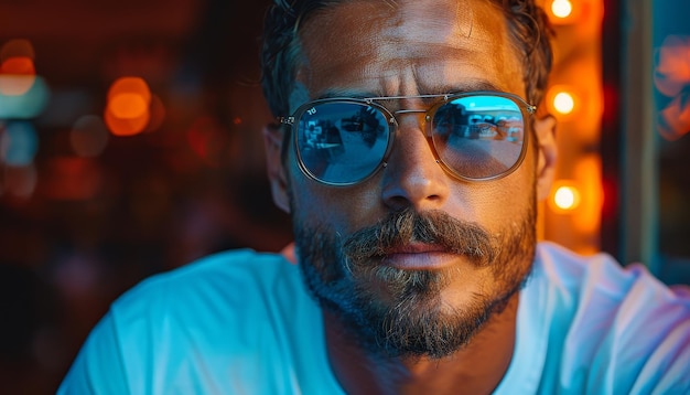 portrait of serious man model with mustaches and beard in sunglasses and white tshirt