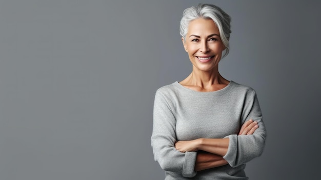 Portrait of serious senior woman against black background