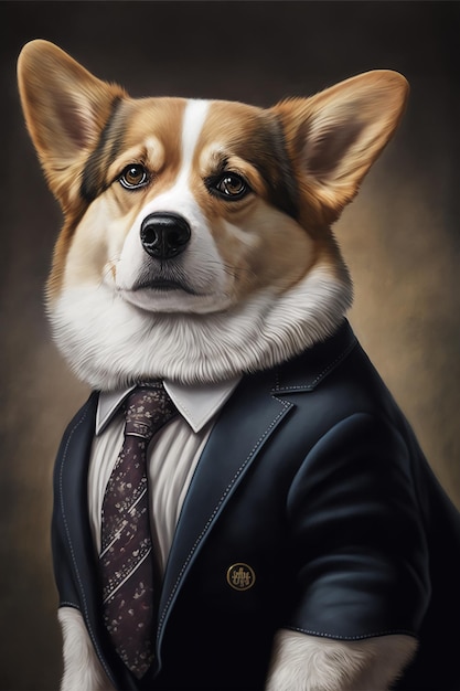 Portrait of serious welsh corgi dog wearing suit looking at camera generative ai