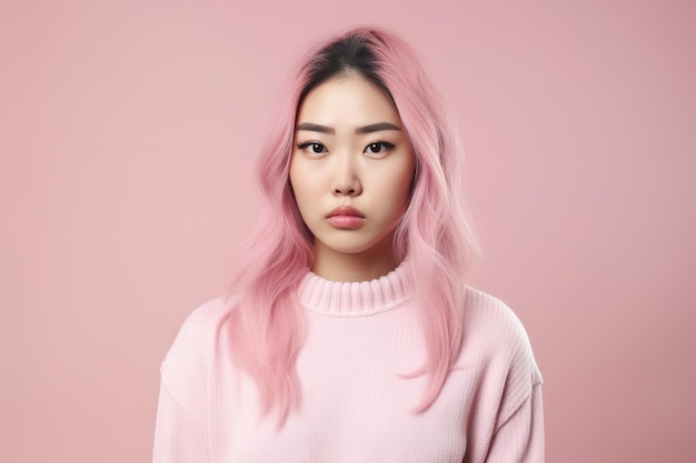 분홍색 배경의 카메라를 보고 있는 심각한 젊은 아시아 여성의 초상화