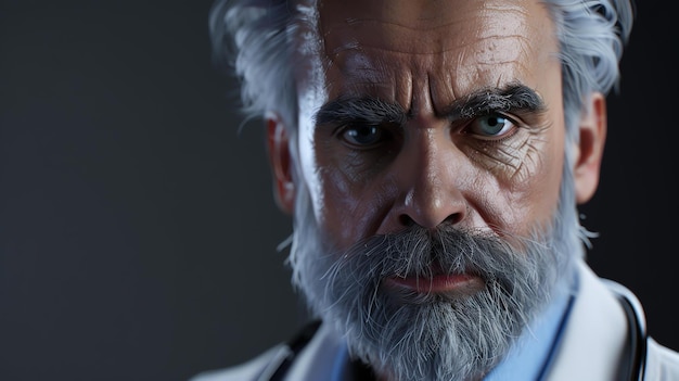 Portrait of a seriouslooking old man with white hair and beard wearing a lab coat