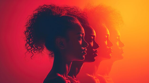 Portrait of several beautiful young black women on a bright background