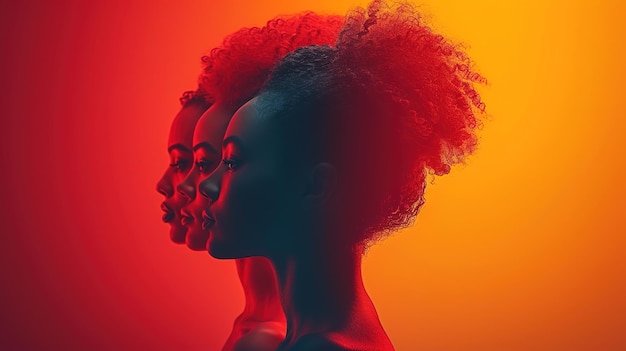 Portrait of several beautiful young black women on a bright background