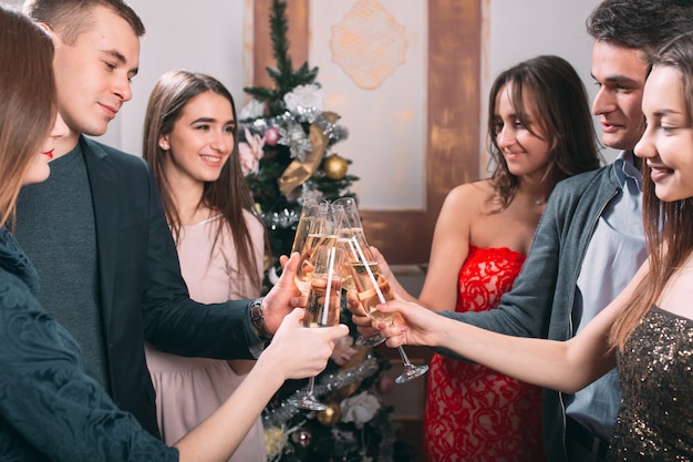 Portrait of several friends making a toast on christmas