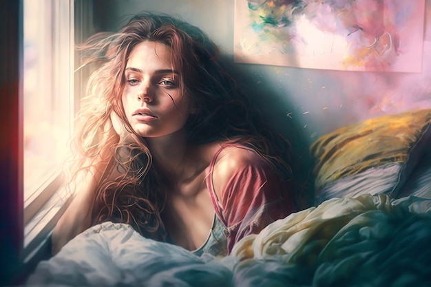 Фото Портрет сексуальная девушка в постели в спальне в привлекательной позе