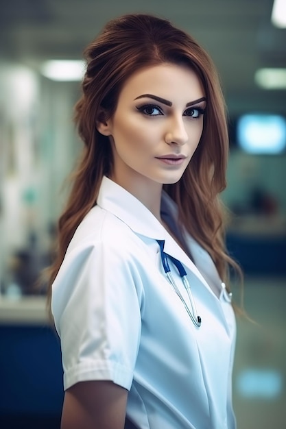 Photo portrait of a sexy nurse girl in clinic generative ai