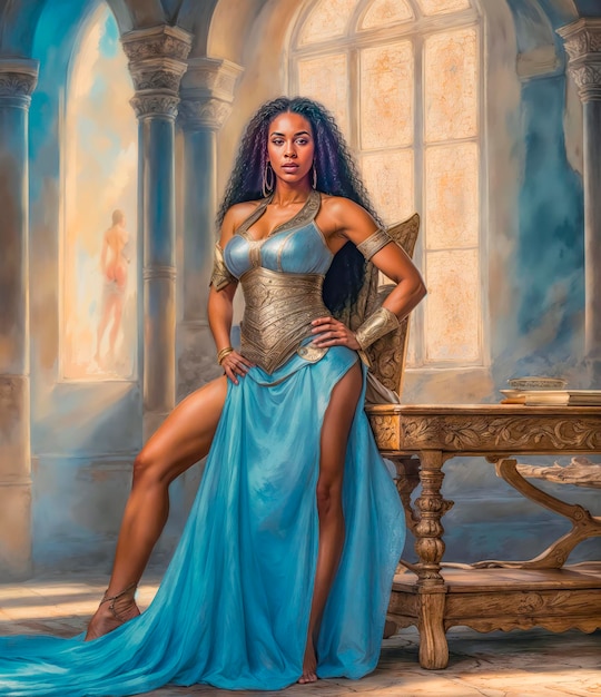 Portrait of a sexy plump black woman warrior in a medieval castle