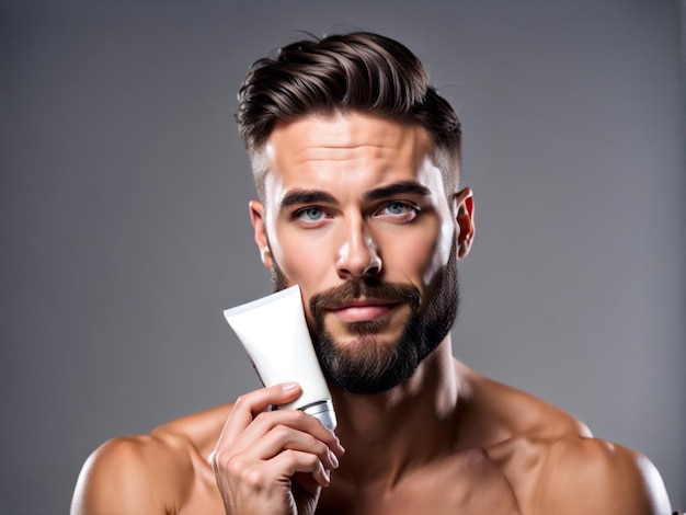 Portrait shave cream and man with skincare cosmetics and beauty on a grey studio background Face