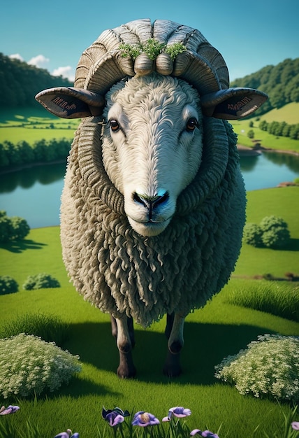 Portrait of a sheep on a background of green field with river and trees