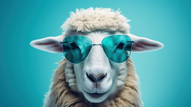 A Portrait of a Sheep face with a sunglass A photorealistic sheep's head with background