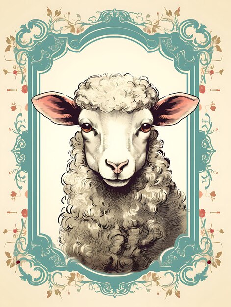 Portrait of Sheep Holding Wool Bleating Sweetly Pastoral Color Vintage Poster 2D Flat Design Art