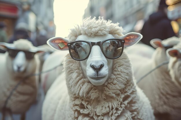 Portrait of a sheep wearing sunglasses on a background of the street