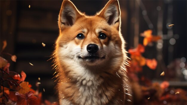 Portrait of a shiba inu dog in the field at sunset