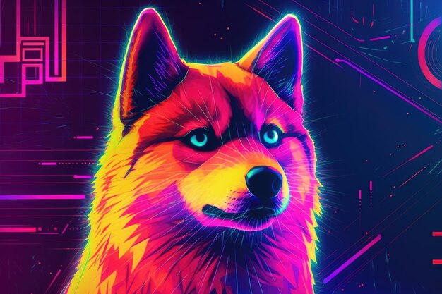 Portrait of a Shiba Inu dog in a neon glow