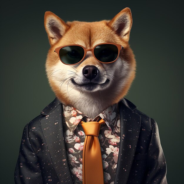 A Portrait Of Shiba Inu With Sunglasses Wearing A Floral Shirt And Black Suit