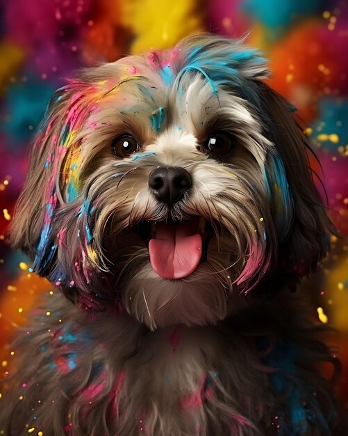 복잡한 홀리 축제 색상으로 장식 된 Shih Tzu 개의 초상화 Sitti Pet 축제 의상 사진