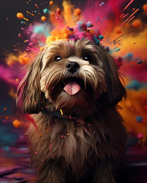 Portrait of Shih Tzu Dog Adorned in Intricate Holi Festival Colors Sitti Pet Festive Costume Photo