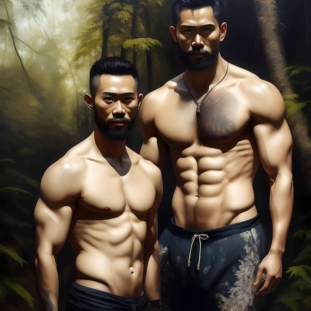 Portrait of Shirtless Muscular Men Oil Painting in The Woods Realistic Illustration