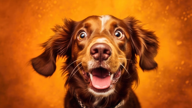 Foto ritratto di cane felice scioccato regalo inaspettato sorpresa sconti copia spazio per testo sfondo semplice generato ai