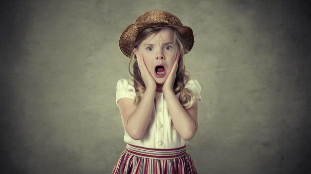 Portrait of a shocked little girl in hat and skirt