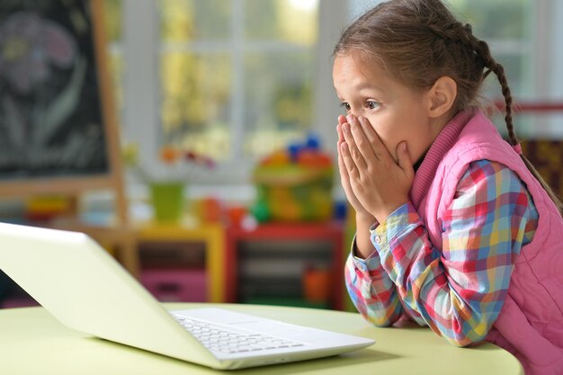 Portrait of a shocked little girl with laptop