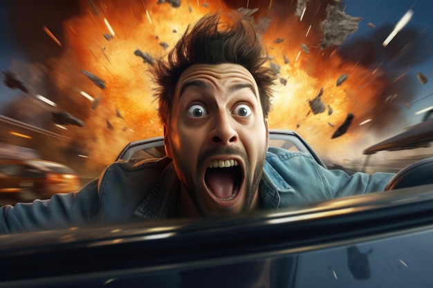 도로에서 불타는 자동차의 배경에 충격을 받은 남자의 초상화 도로 사고 자동차 보험