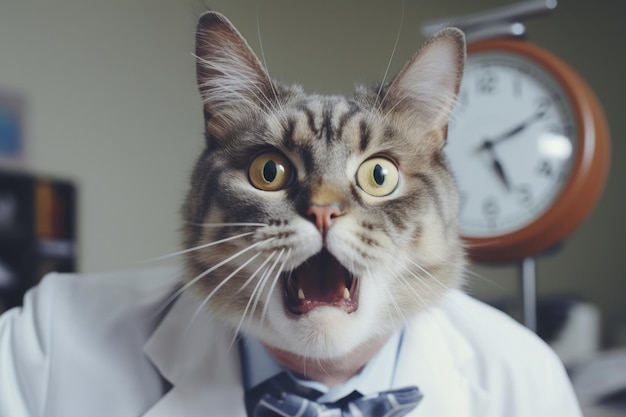 Photo portrait of shocked surprised cat in vet clinic wearing white doctor medical uniform