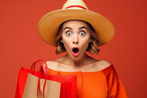 Portrait of a shocked surprised girl dressed in a red dress and straw hat with red lips holding