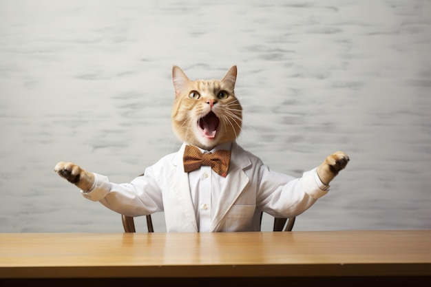 Portrait of shocked surprised shouting screaming business cat wearing suit sitting at the desk