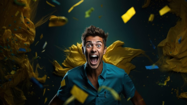 Photo portrait of a shocked young man looking at camera and screaming while surrounded by yellow confetti