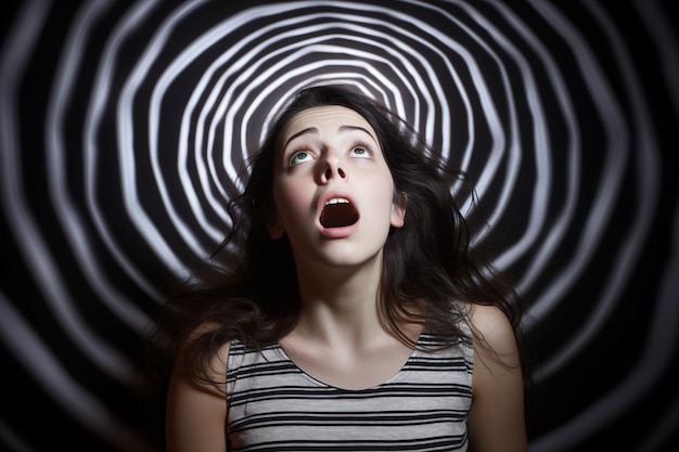 Photo portrait of shocked young woman under hypnosis spiral vertigo generative ai