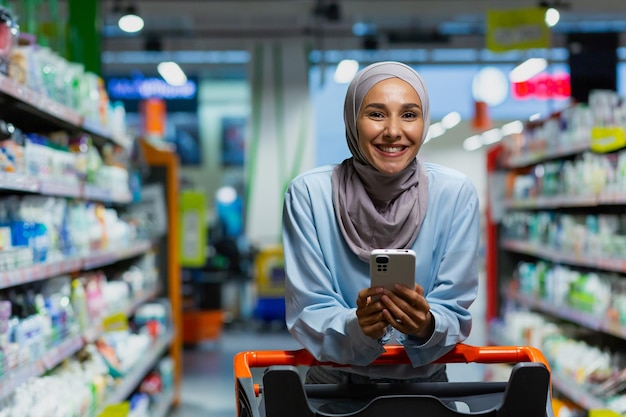 Portrait of a shopper inside a large supermarket store a Muslim woman in a hijab with a shopping cart uses a smartphone app chooses products with discounts and smiles