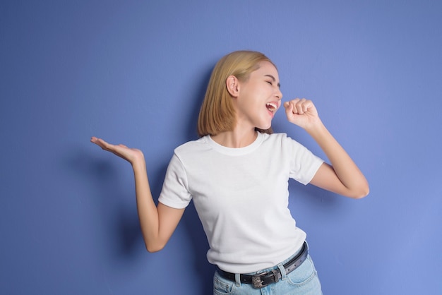 A portrait of short blonde hair woman in studio