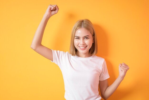 A portrait of short blonde hair woman in studio