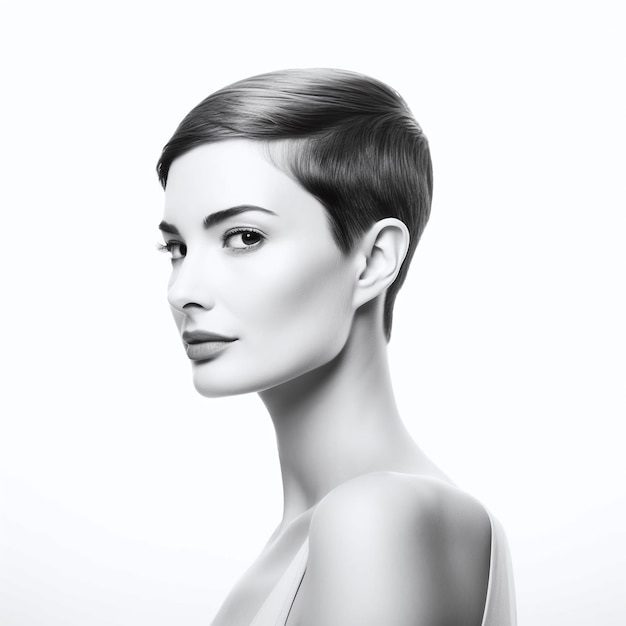 Portrait short haired young beautiful woman posing isolated black and white vintage style beauty illustration Generative Ai