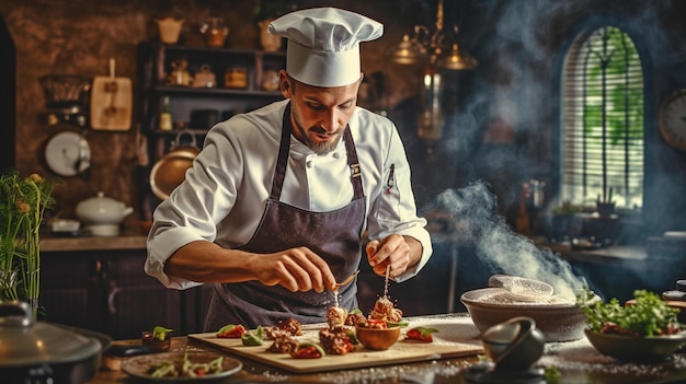 A portrait shot of a chef adorning dishes while making meals GENERATE AI