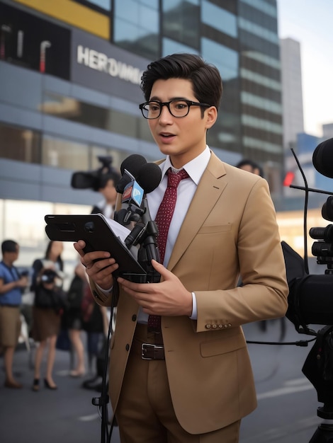 Photo portrait shot of young african american handsome male journalist talking with microphone for news ep