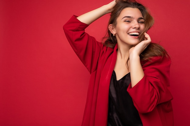 Portrait shot of young attractive caucasian hipster woman in trendy casual clothes sexy carefree