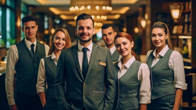 Portrait shows a group of hotel employees posing collectively in a hotel GENERATE AI