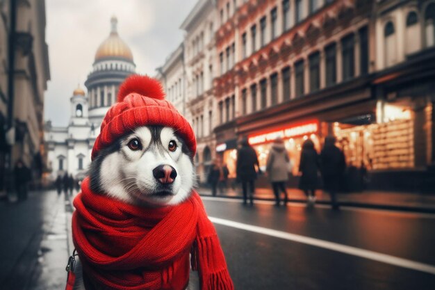 Portrait of a Siberian husky in red knitted scarf against the backdrop of a winter city